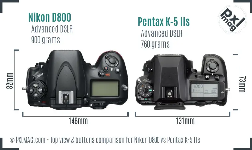 Nikon D800 vs Pentax K-5 IIs top view buttons comparison Nikon D800 vs Pentax K-5 IIs top view buttons comparison