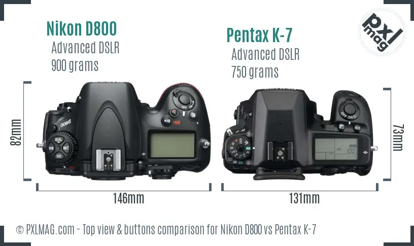 Nikon D800 vs Pentax K-7 top view buttons comparison