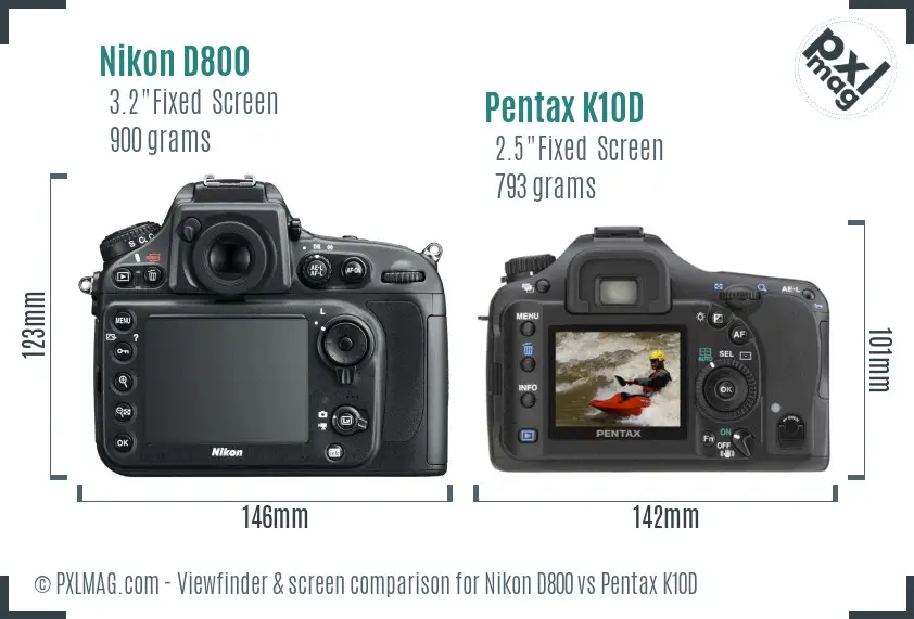 Nikon D800 vs Pentax K10D Screen and Viewfinder comparison