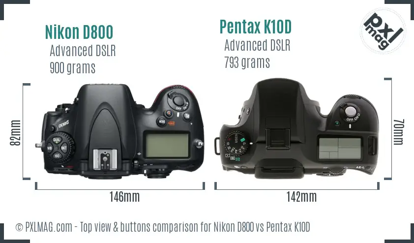 Nikon D800 vs Pentax K10D top view buttons comparison