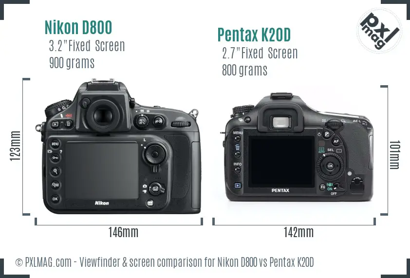 Nikon D800 vs Pentax K20D Screen and Viewfinder comparison