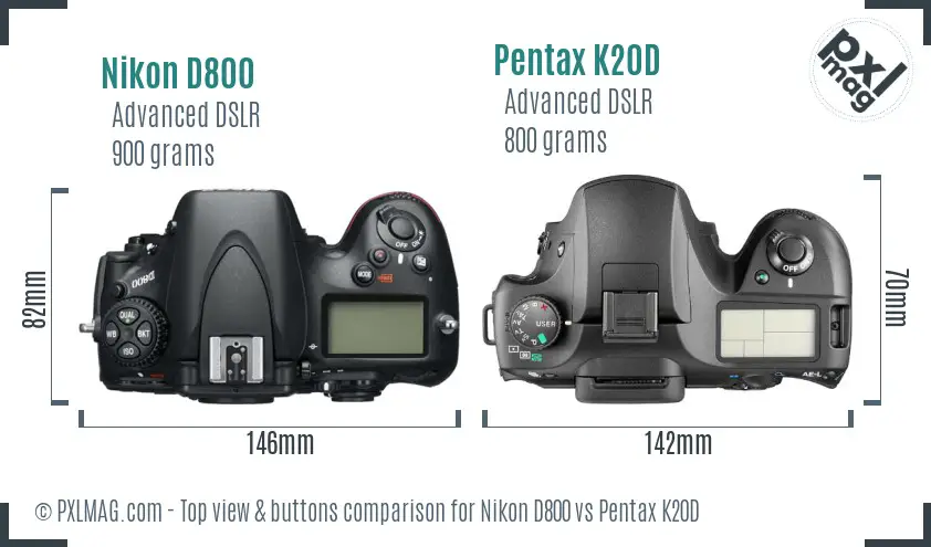 Nikon D800 vs Pentax K20D top view buttons comparison