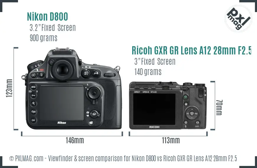 Nikon D800 vs Ricoh GXR GR Lens A12 28mm F2.5 Screen and Viewfinder comparison