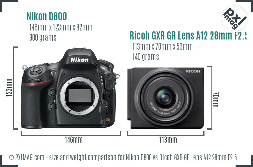 Nikon D800 vs Ricoh GXR GR Lens A12 28mm F2.5 size comparison