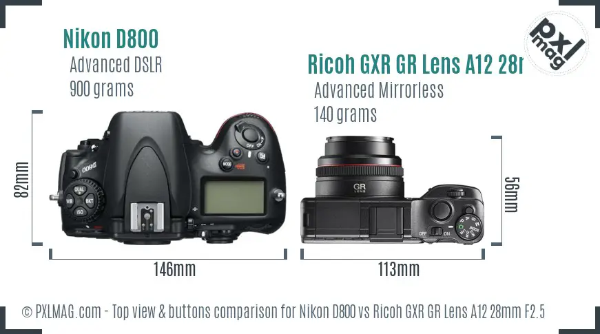 Nikon D800 vs Ricoh GXR GR Lens A12 28mm F2.5 top view buttons comparison