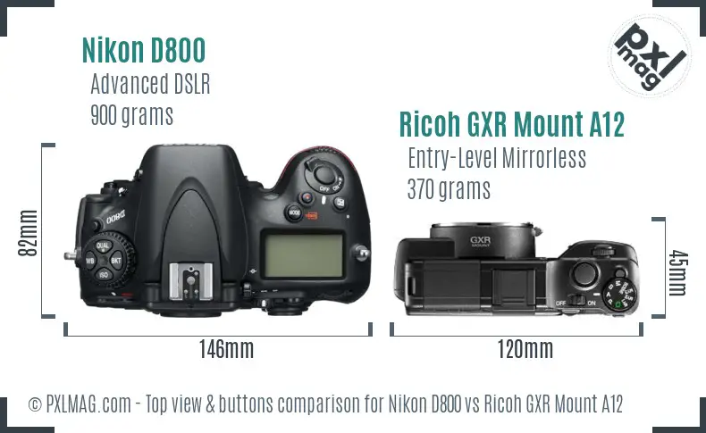 Nikon D800 vs Ricoh GXR Mount A12 top view buttons comparison Nikon D800 vs Ricoh GXR Mount A12 top view buttons comparison
