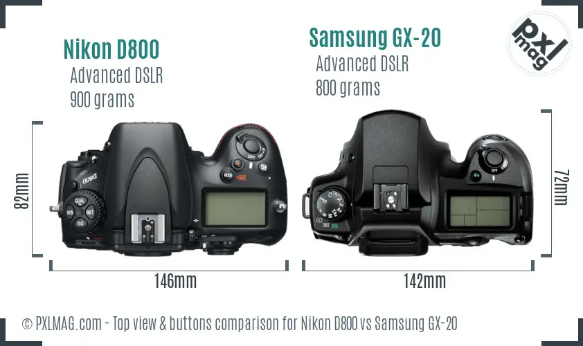 Nikon D800 vs Samsung GX-20 top view buttons comparison