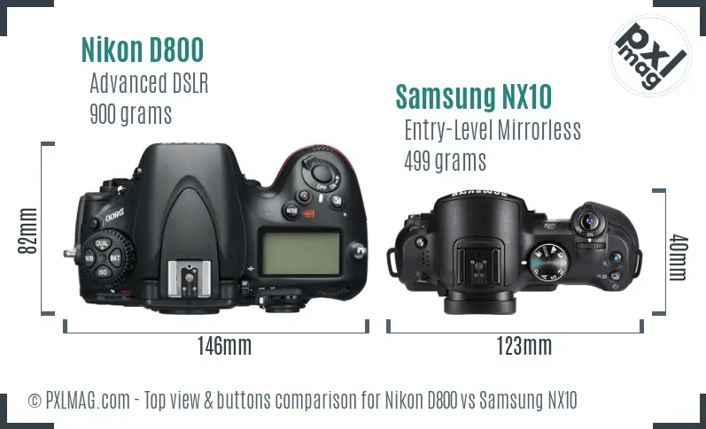 Nikon D800 vs Samsung NX10 top view buttons comparison
