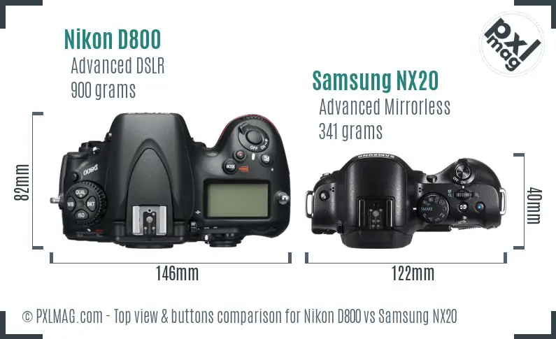 Nikon D800 vs Samsung NX20 top view buttons comparison