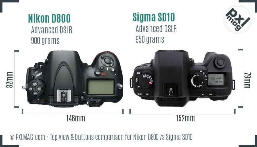 Nikon D800 vs Sigma SD10 top view buttons comparison