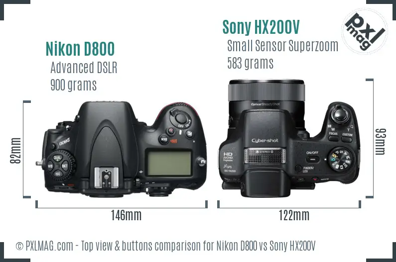 Nikon D800 vs Sony HX200V top view buttons comparison