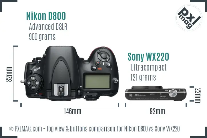 Nikon D800 vs Sony WX220 top view buttons comparison