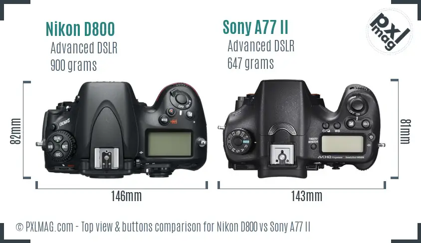 Nikon D800 vs Sony A77 II top view buttons comparison