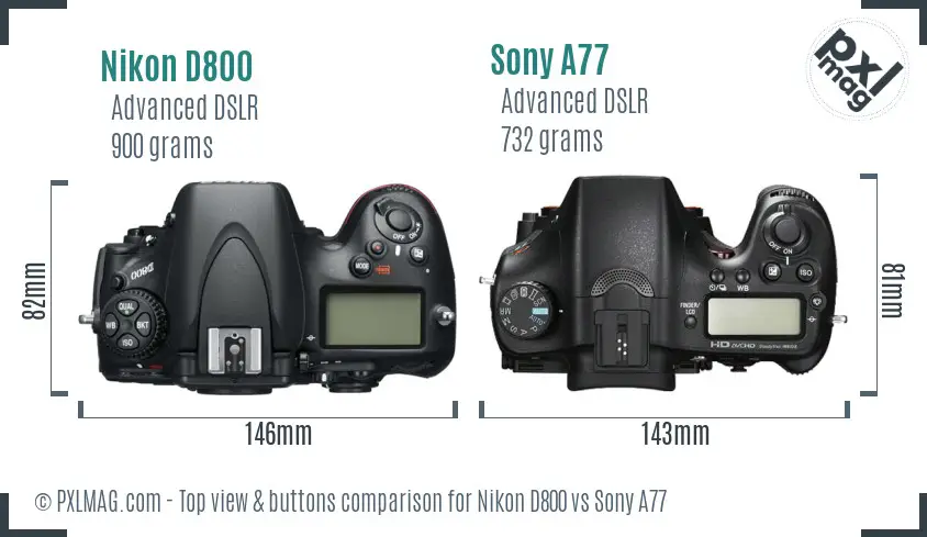 Nikon D800 vs Sony A77 top view buttons comparison