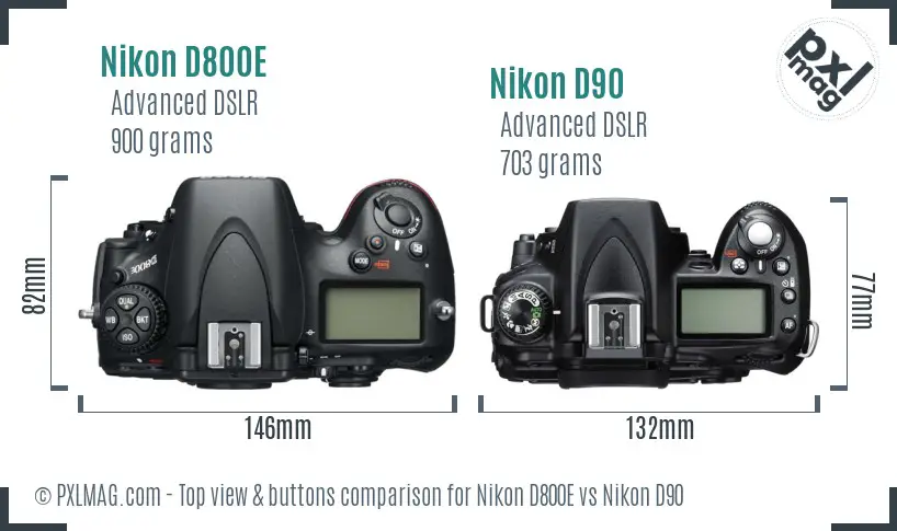 Nikon D800E vs Nikon D90 top view buttons comparison