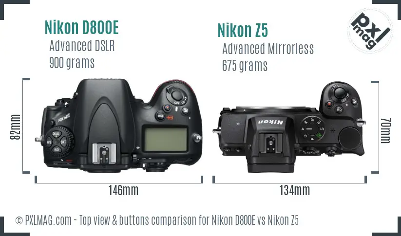 Nikon D800E vs Nikon Z5 top view buttons comparison