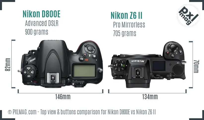 Nikon D800E vs Nikon Z6 II top view buttons comparison