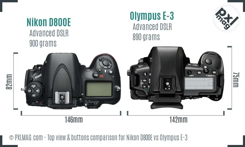 Nikon D800E vs Olympus E-3 top view buttons comparison