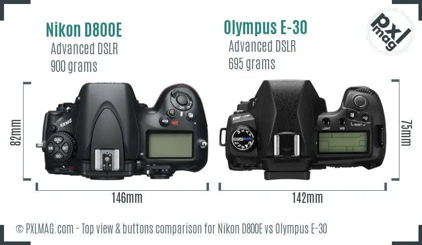 Nikon D800E vs Olympus E-30 top view buttons comparison