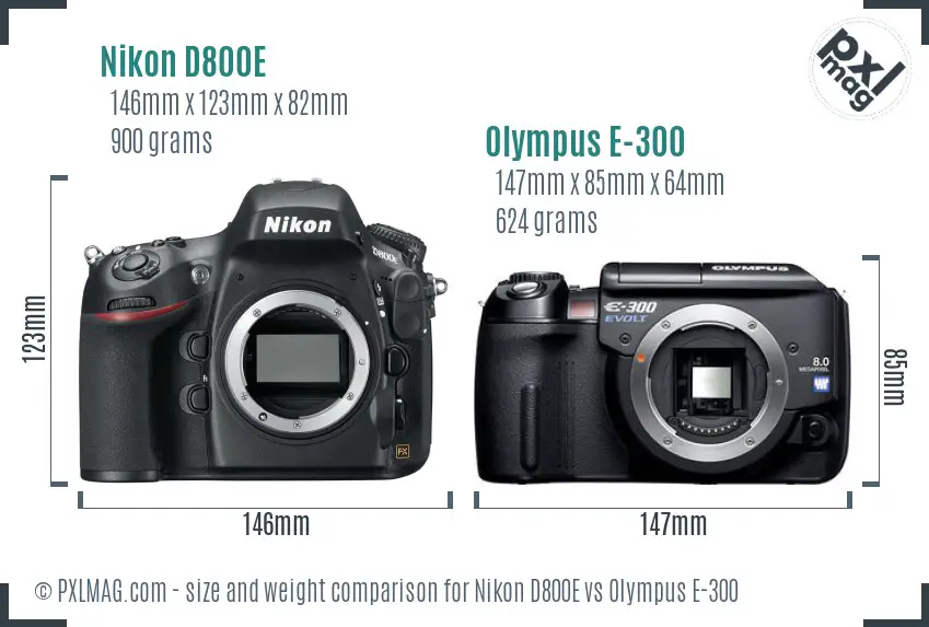 Nikon D800E vs Olympus E-300 size comparison