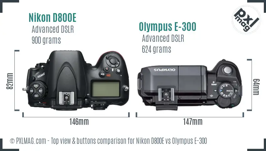 Nikon D800E vs Olympus E-300 top view buttons comparison