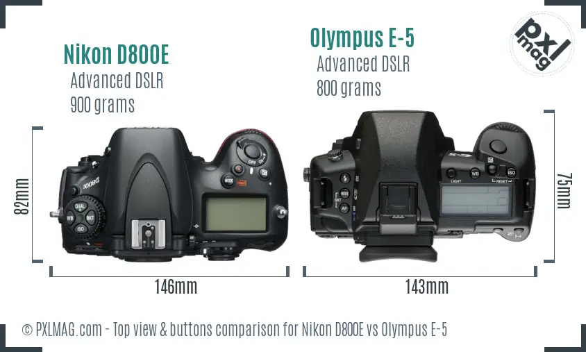 Nikon D800E vs Olympus E-5 top view buttons comparison