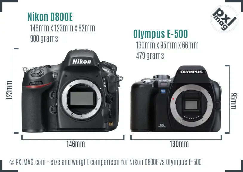 Nikon D800E vs Olympus E-500 size comparison