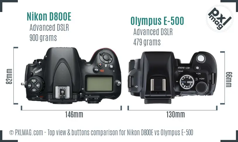 Nikon D800E vs Olympus E-500 top view buttons comparison