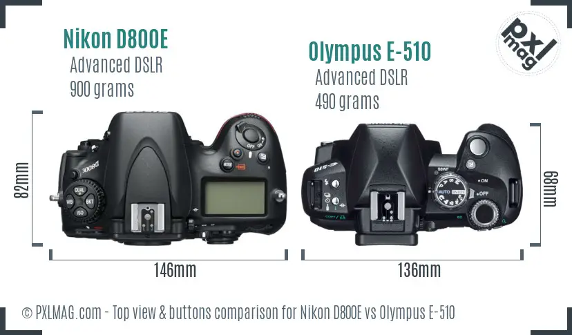 Nikon D800E vs Olympus E-510 top view buttons comparison