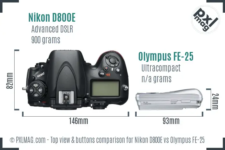 Nikon D800E vs Olympus FE-25 top view buttons comparison