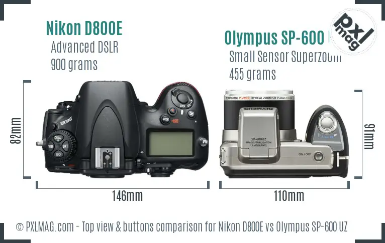 Nikon D800E vs Olympus SP-600 UZ top view buttons comparison