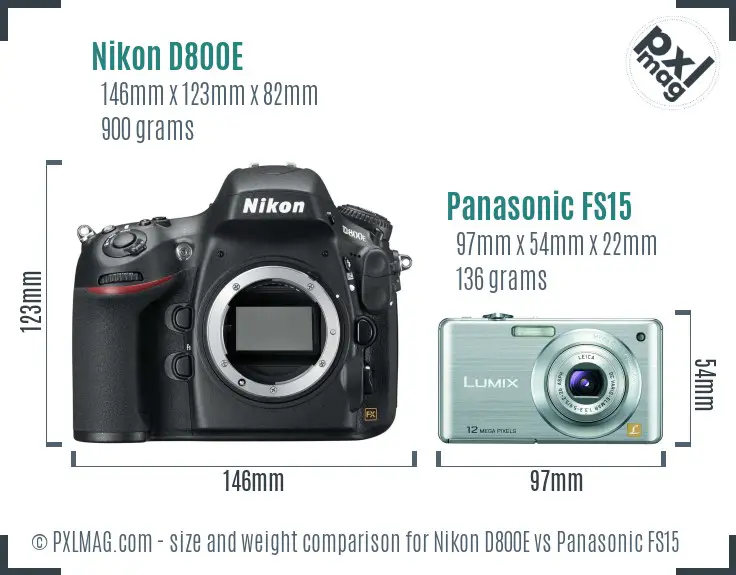 Nikon D800E vs Panasonic FS15 size comparison