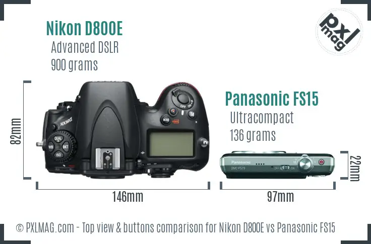 Nikon D800E vs Panasonic FS15 top view buttons comparison