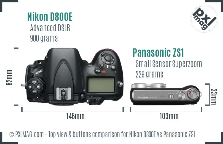 Nikon D800E vs Panasonic ZS1 top view buttons comparison
