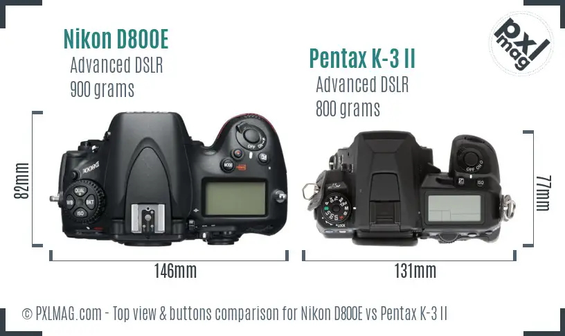 Nikon D800E vs Pentax K-3 II top view buttons comparison Nikon D800E vs Pentax K-3 II top view buttons comparison
