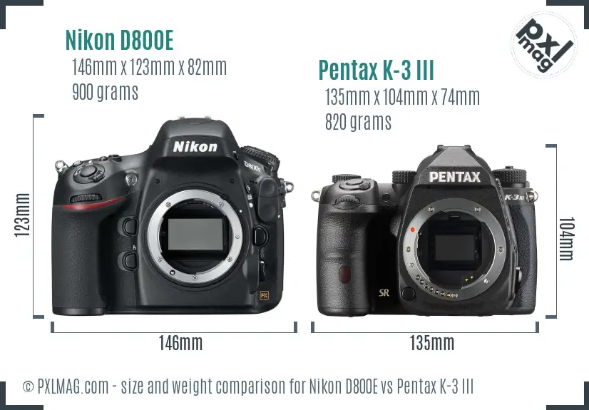 Nikon D800E vs Pentax K-3 III size comparison