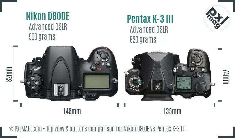 Nikon D800E vs Pentax K-3 III top view buttons comparison