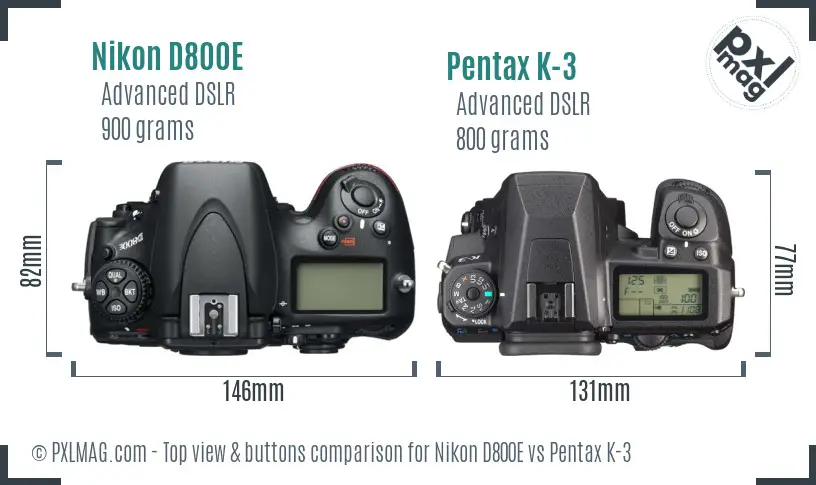 Nikon D800E vs Pentax K-3 top view buttons comparison