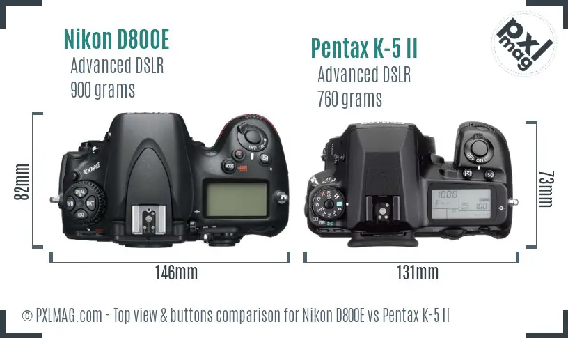 Nikon D800E vs Pentax K-5 II top view buttons comparison