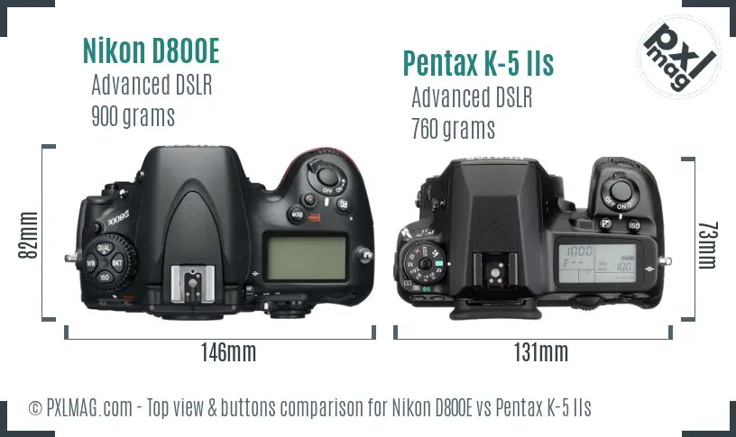 Nikon D800E vs Pentax K-5 IIs top view buttons comparison