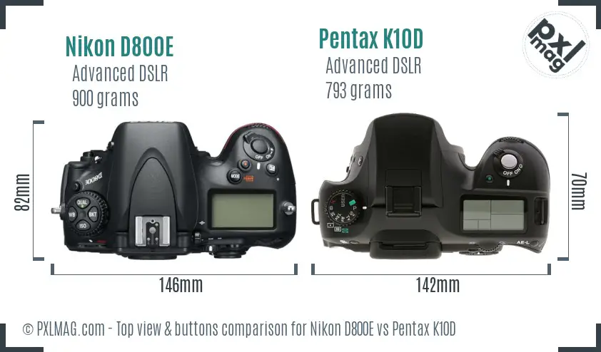 Nikon D800E vs Pentax K10D top view buttons comparison
