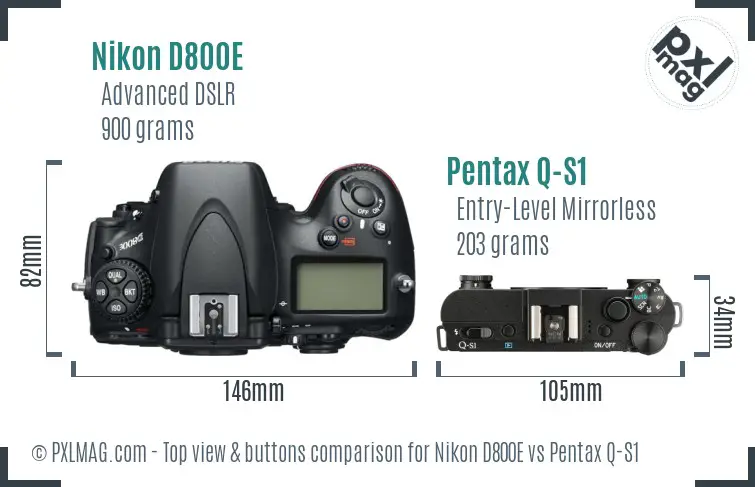 Nikon D800E vs Pentax Q-S1 top view buttons comparison