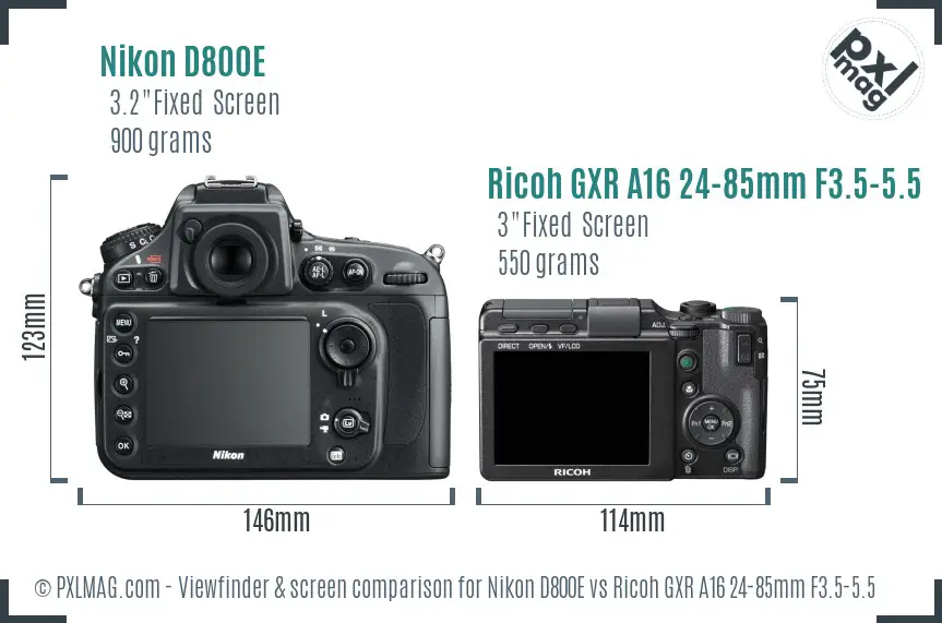 Nikon D800E vs Ricoh GXR A16 24-85mm F3.5-5.5 Screen and Viewfinder comparison