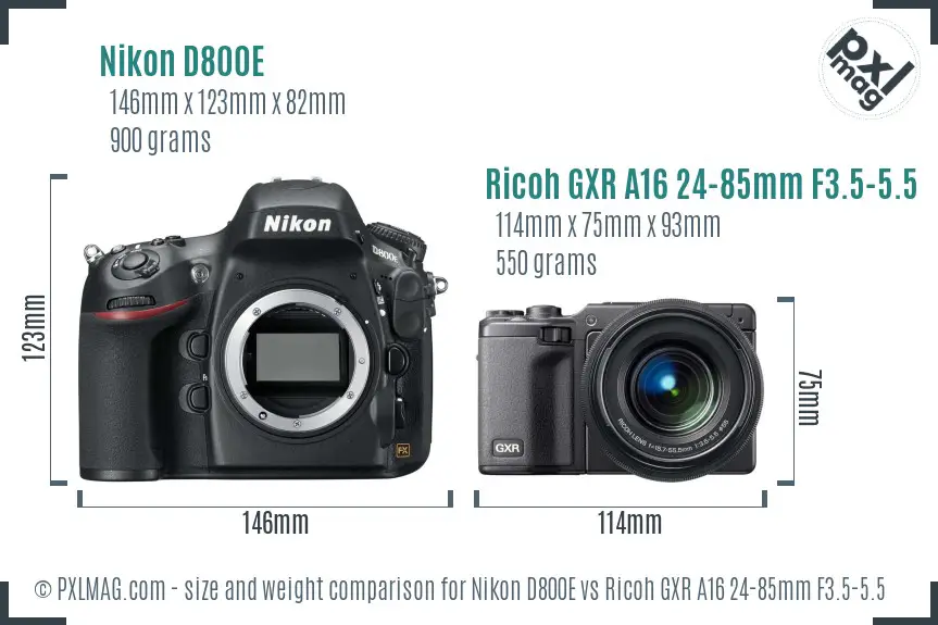 Nikon D800E vs Ricoh GXR A16 24-85mm F3.5-5.5 size comparison