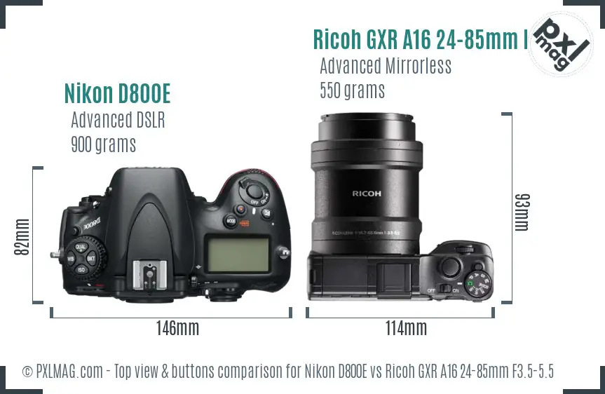 Nikon D800E vs Ricoh GXR A16 24-85mm F3.5-5.5 top view buttons comparison