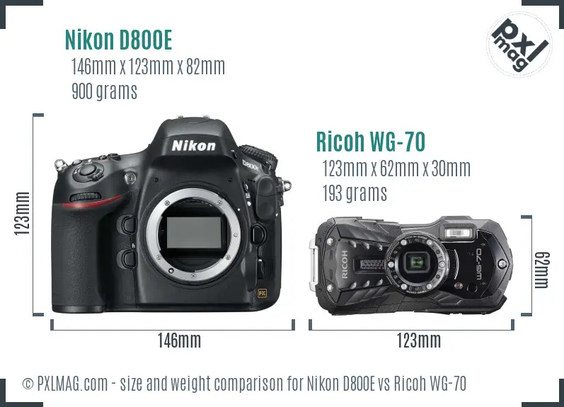 Nikon D800E vs Ricoh WG-70 size comparison