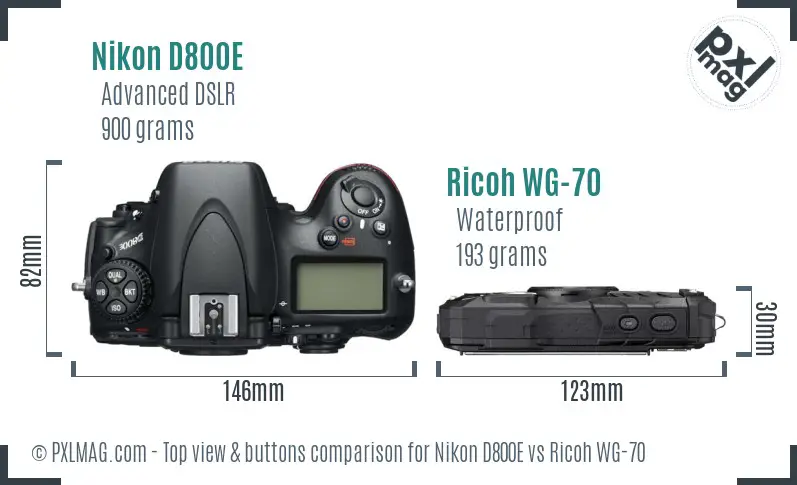 Nikon D800E vs Ricoh WG-70 top view buttons comparison
