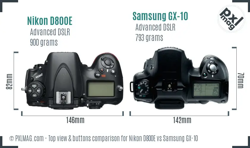 Nikon D800E vs Samsung GX-10 top view buttons comparison