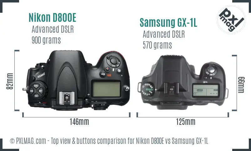 Nikon D800E vs Samsung GX-1L top view buttons comparison