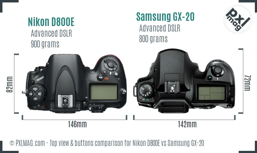 Nikon D800E vs Samsung GX-20 top view buttons comparison